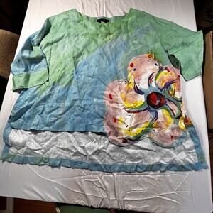 Marina Rinaldi Women Top Tunic OS Multicolor Short Sleeves Floral Abstract Rare